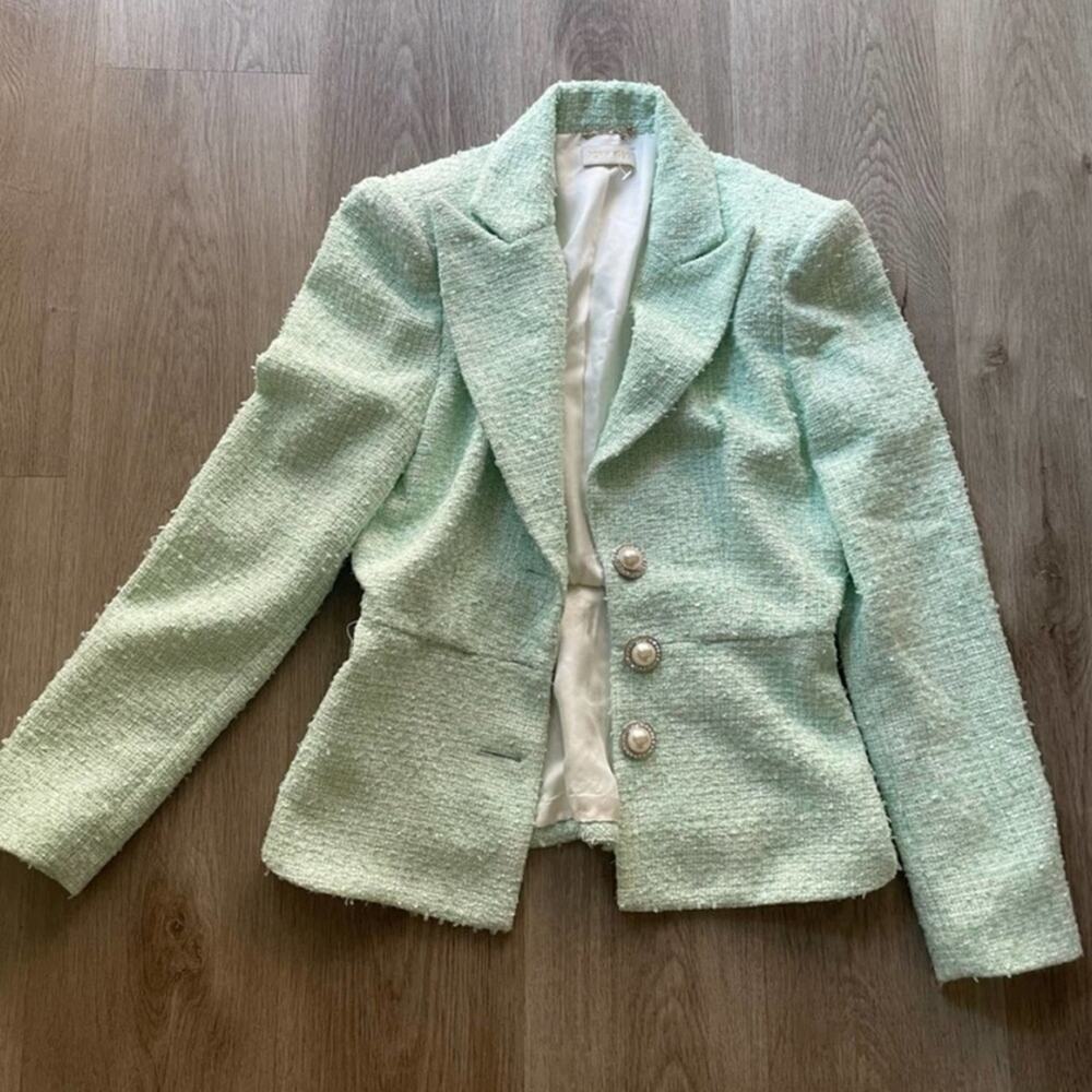 ronny kobo mint green pearl detail tweed jacket blazer coat size small NEW Chic - Picture 5 of 5